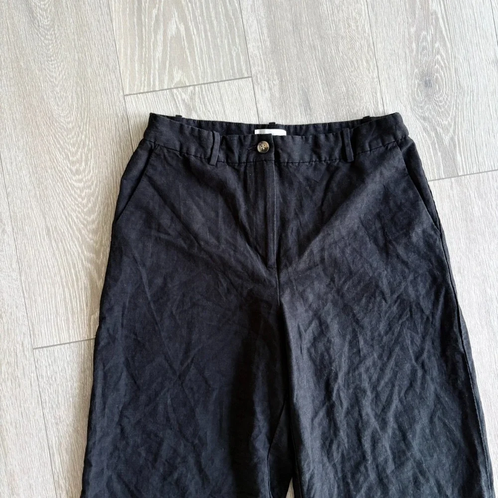 H&M Womens Black High Rise Relaxed Fit Linen Blend Wide Leg Trouser Pants Sz 10